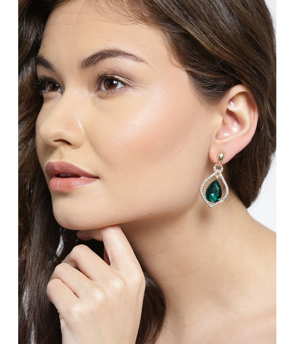 YouBella Off-White  Green Gold-Plated Teardrop Shaped Drop Earrings
